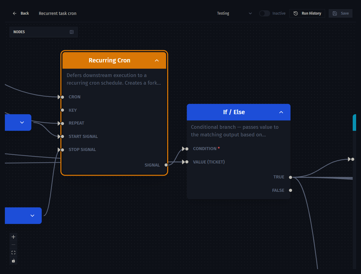 A Recurring Cron scheduler node selected in the automation editor, exposing its cron, key, repeat, and signal inputs.