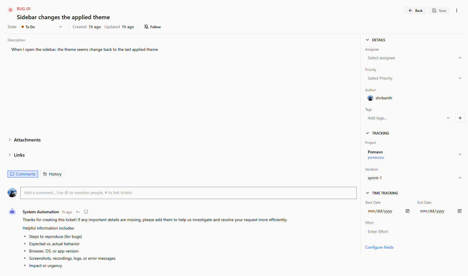 A bug ticket showing the automated onboarding comment from System Automation