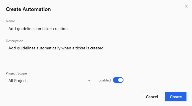 Create Automation dialog with name, description, project scope, and enabled toggle