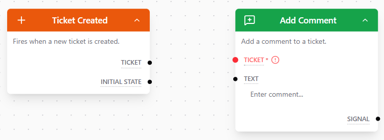 Ticket Created and Add Comment nodes not yet connected, with a required ticket input marked