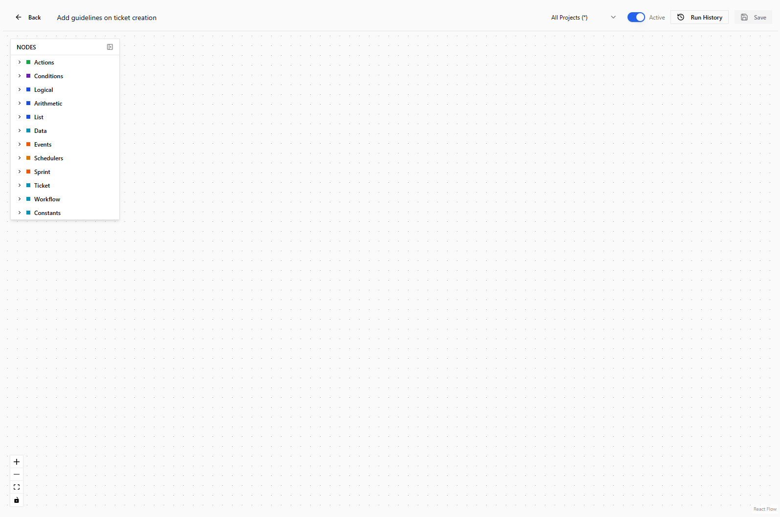Empty automation editor with the node palette on the left