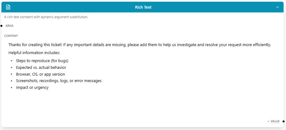 Rich Text node containing a formatted onboarding message with a bulleted list