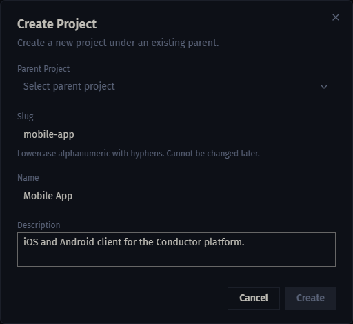 Create project dialog with fields filled