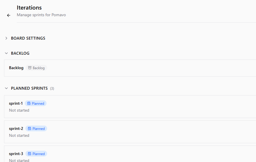 Iterations list with backlog and planned sprints