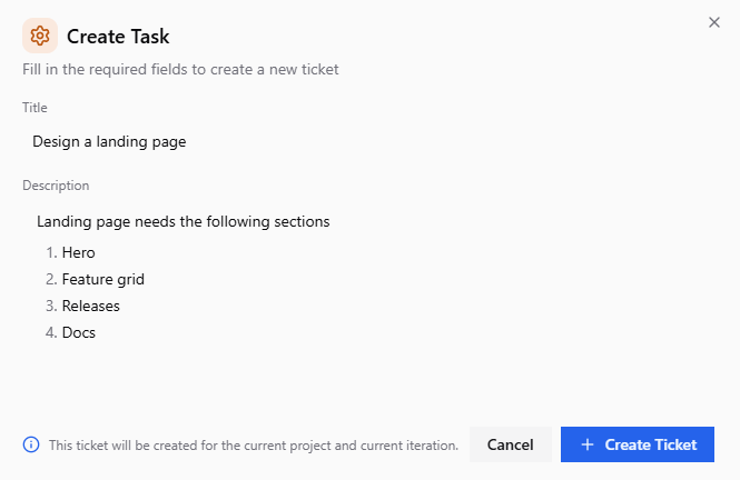 Create ticket dialog with title and description