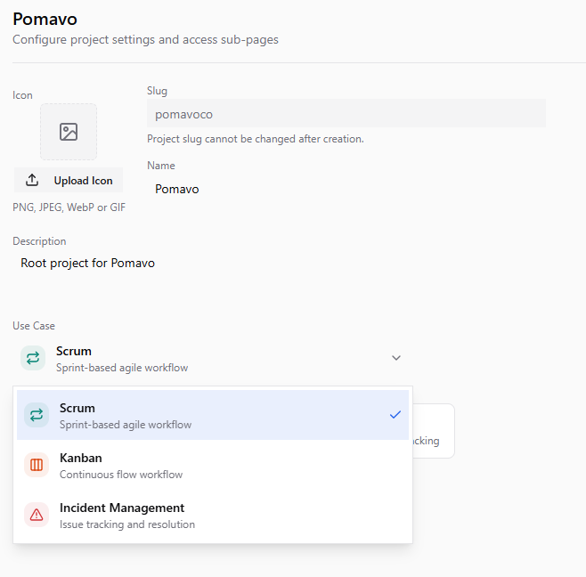 Project settings with the use case dropdown open