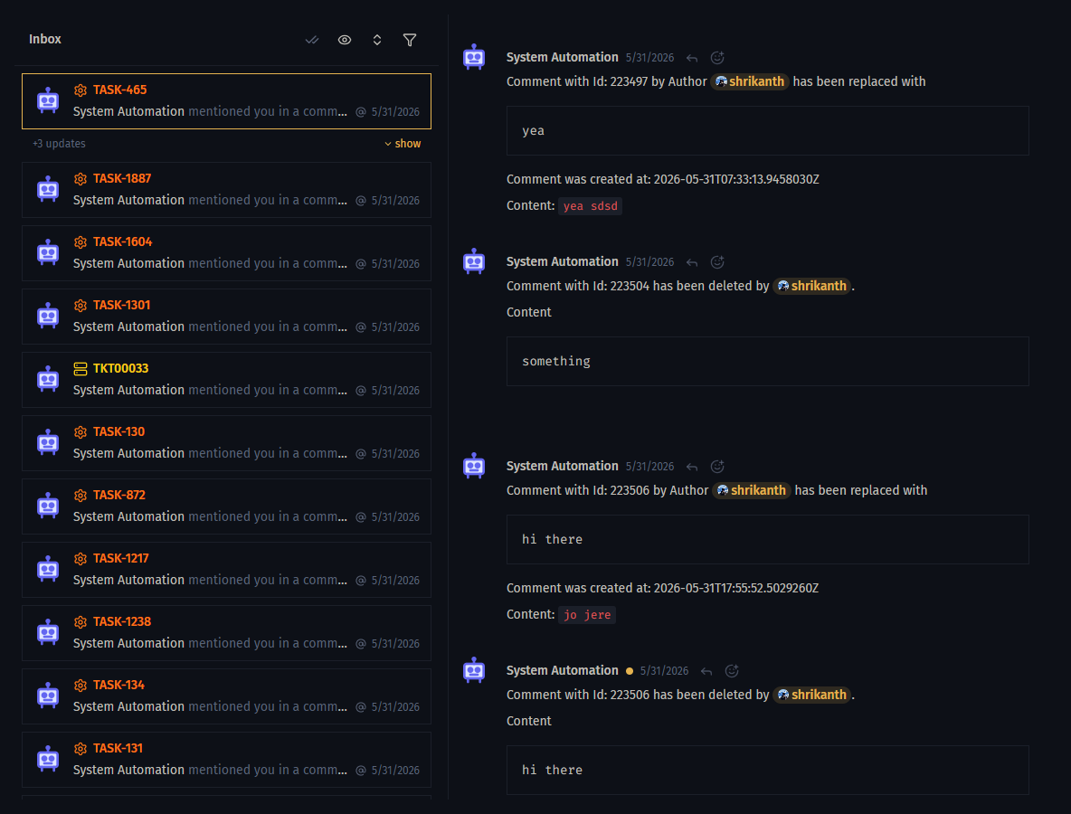 The Inbox notification center listing grouped notifications for mentions, assignments, and comment replies, with unread indicators and filters.