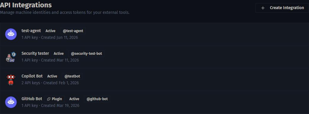 API Integrations section listing machine identities with avatars, handles, API key counts, and a Create Integration button.