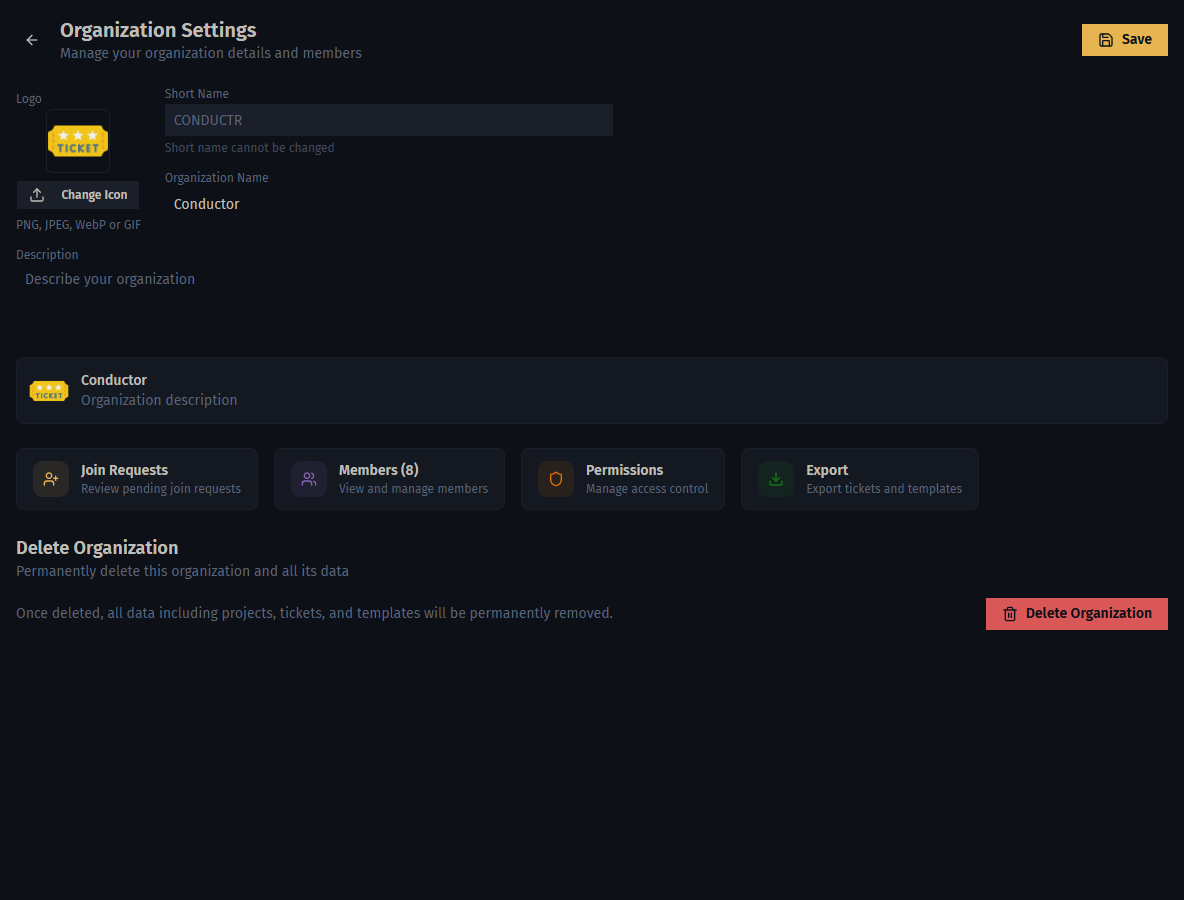 The organization settings page showing the workspace name and slug, default theme, and default member permission options.