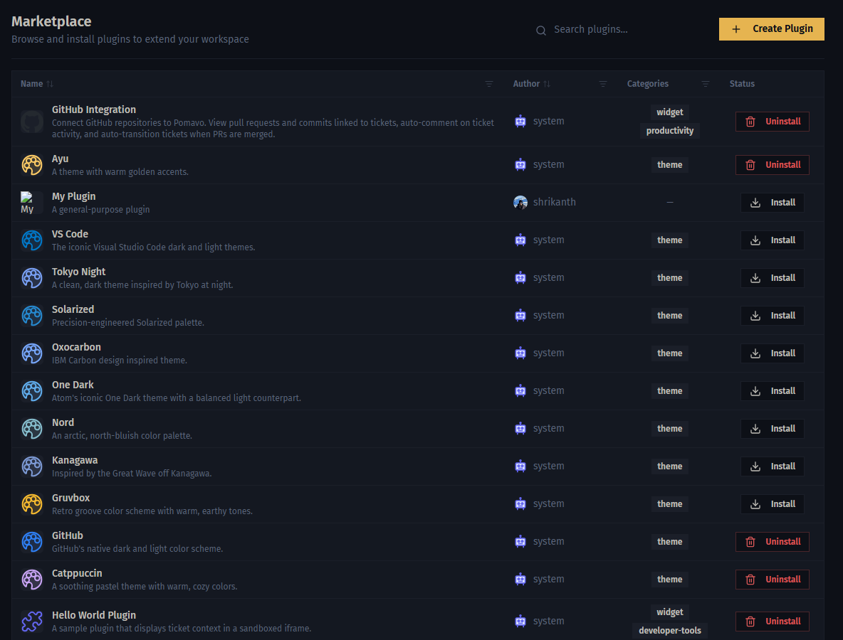 The plugin marketplace showing available plugins as cards, each with a name, description, and install button.