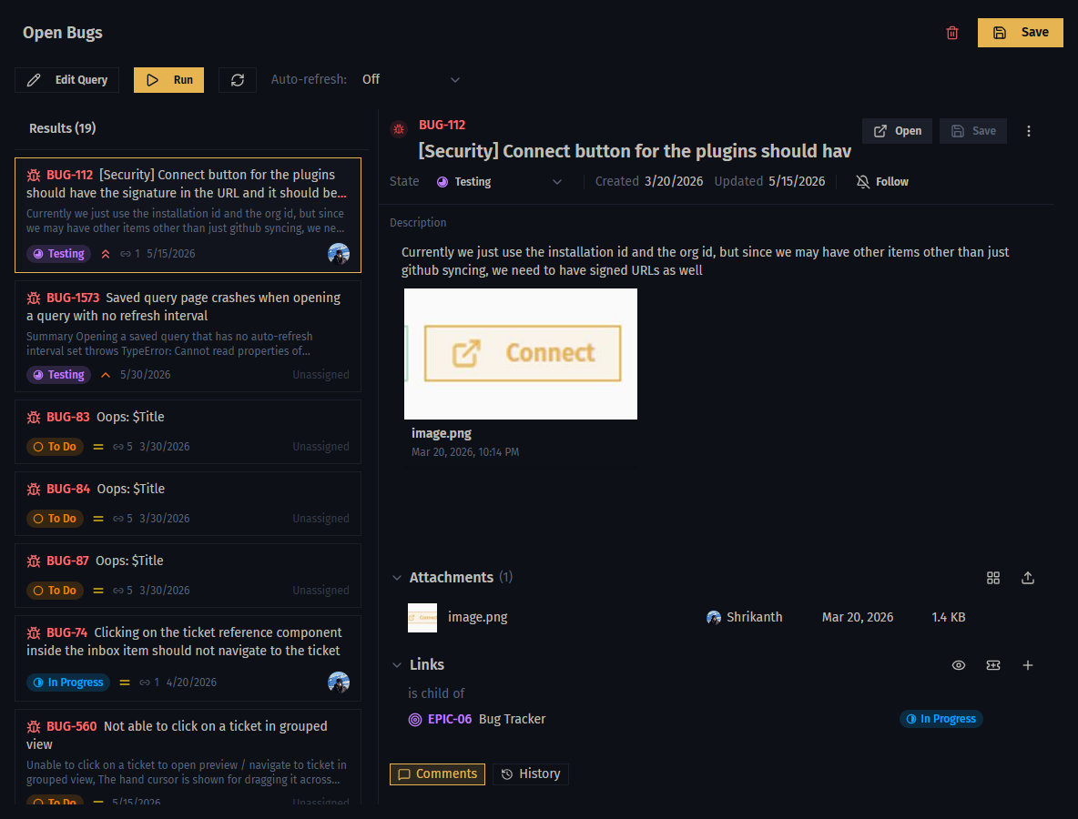 Saved query results page