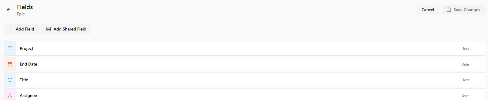 Template fields page listing each field with its type and the buttons to add a new or shared field.