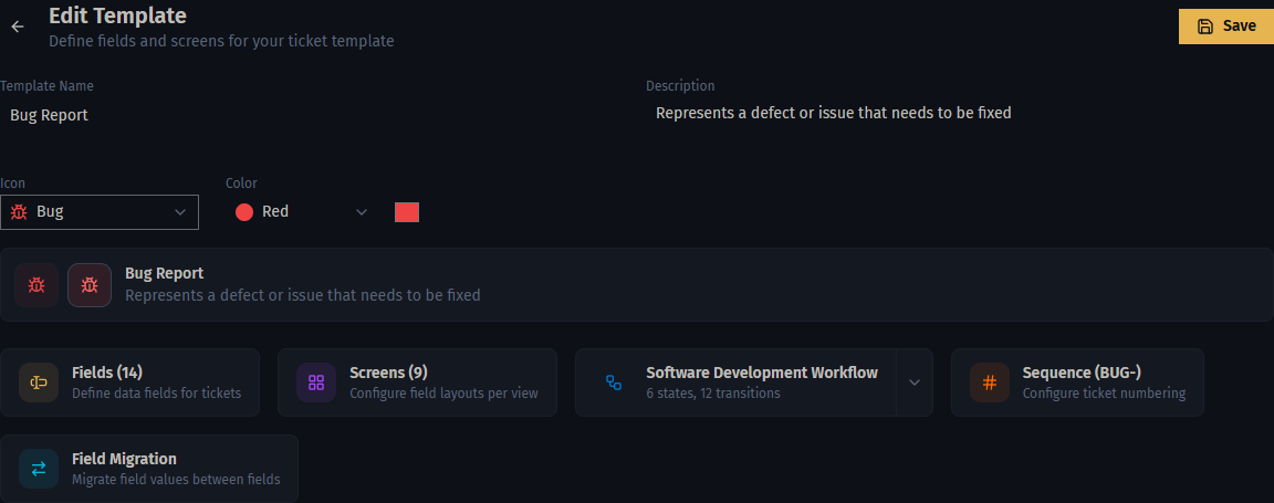 Template editor showing the icon and color pickers with a live preview of the template's badge.