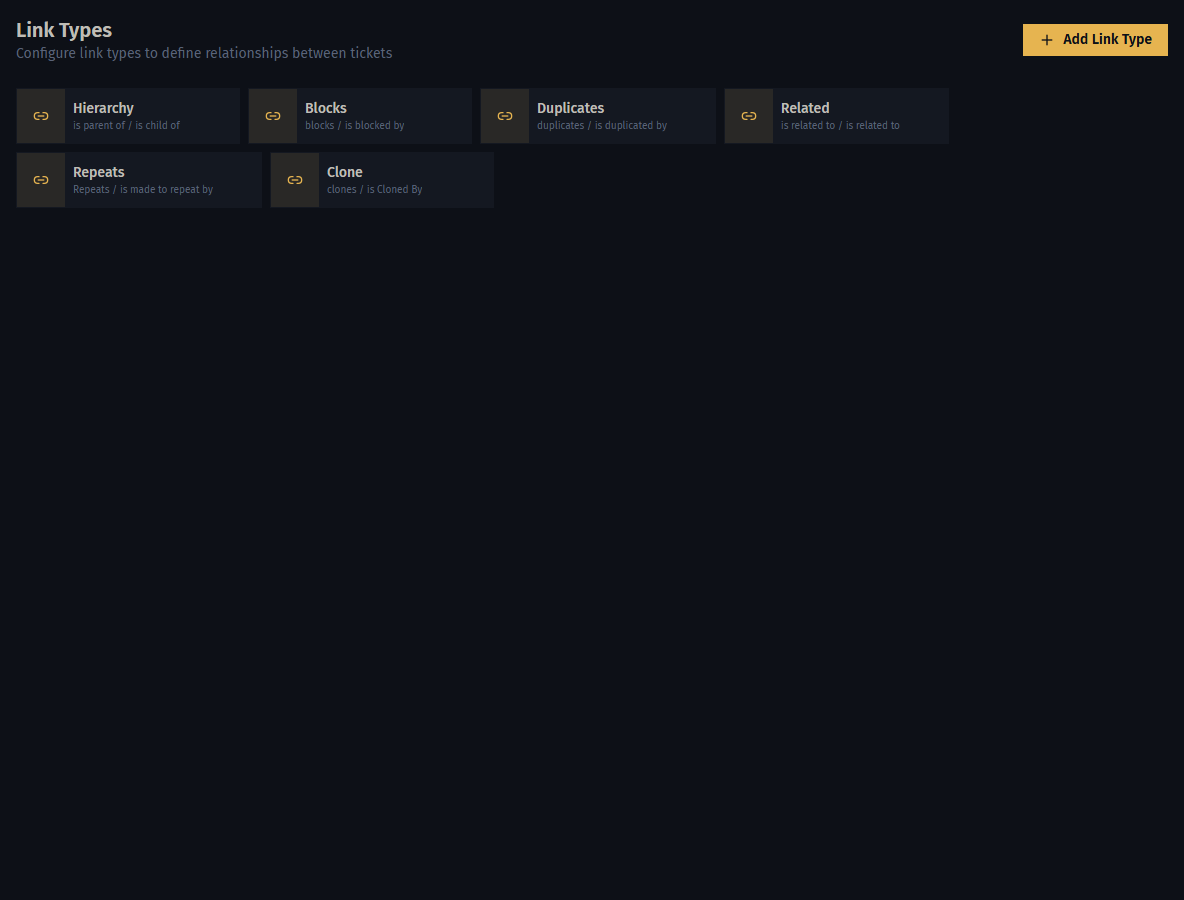 The template links management screen listing link types with their inward and outward names, such as blocks / is blocked by.