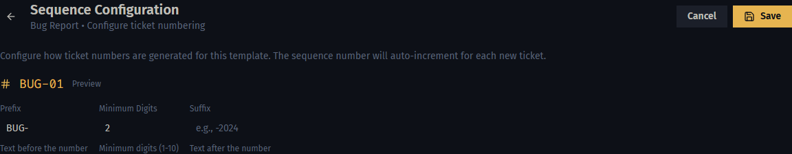 Sequence configuration panel with prefix, minimum digits, and suffix fields and a live BUG-01 key preview.