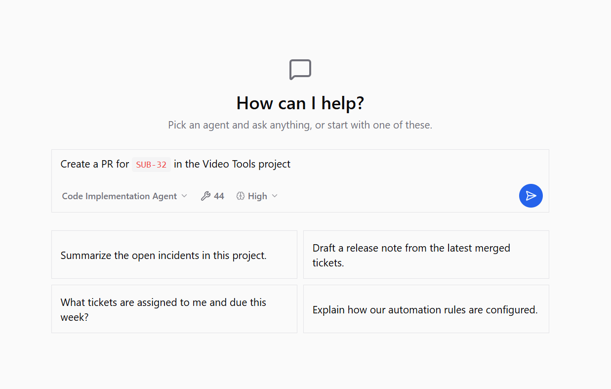 Pomavo AI agent launcher: pick an agent and ask it to create PRs, summarize incidents, or draft release notes